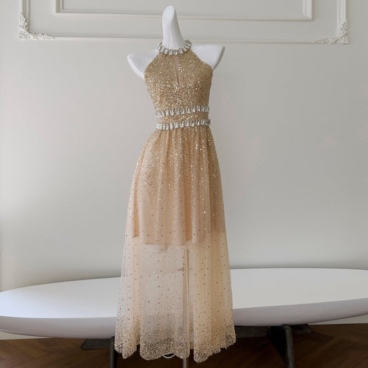 Sequin Gauze Long Dress for Elegant Dinner Events
