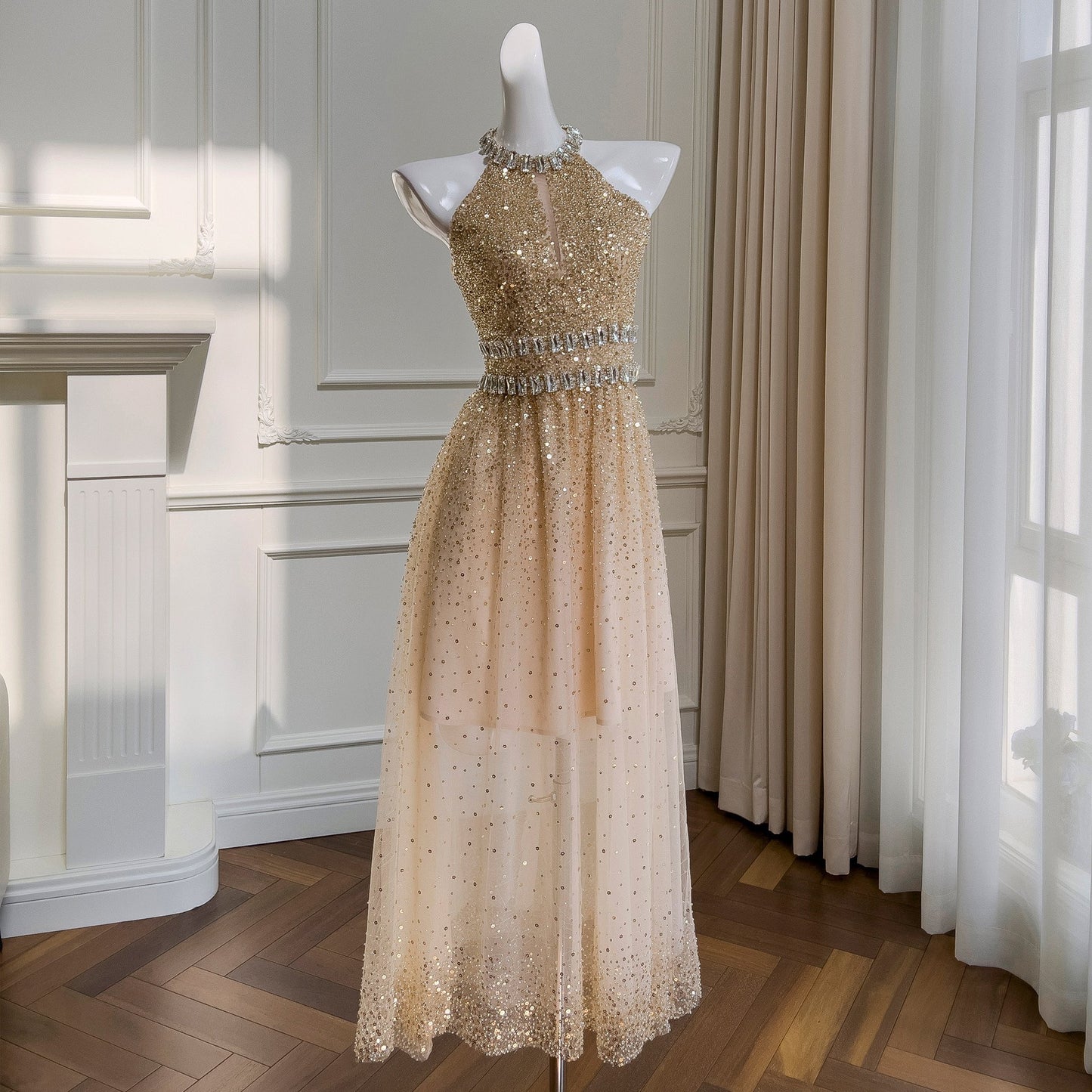 Sequin Gauze Long Dress for Elegant Dinner Events