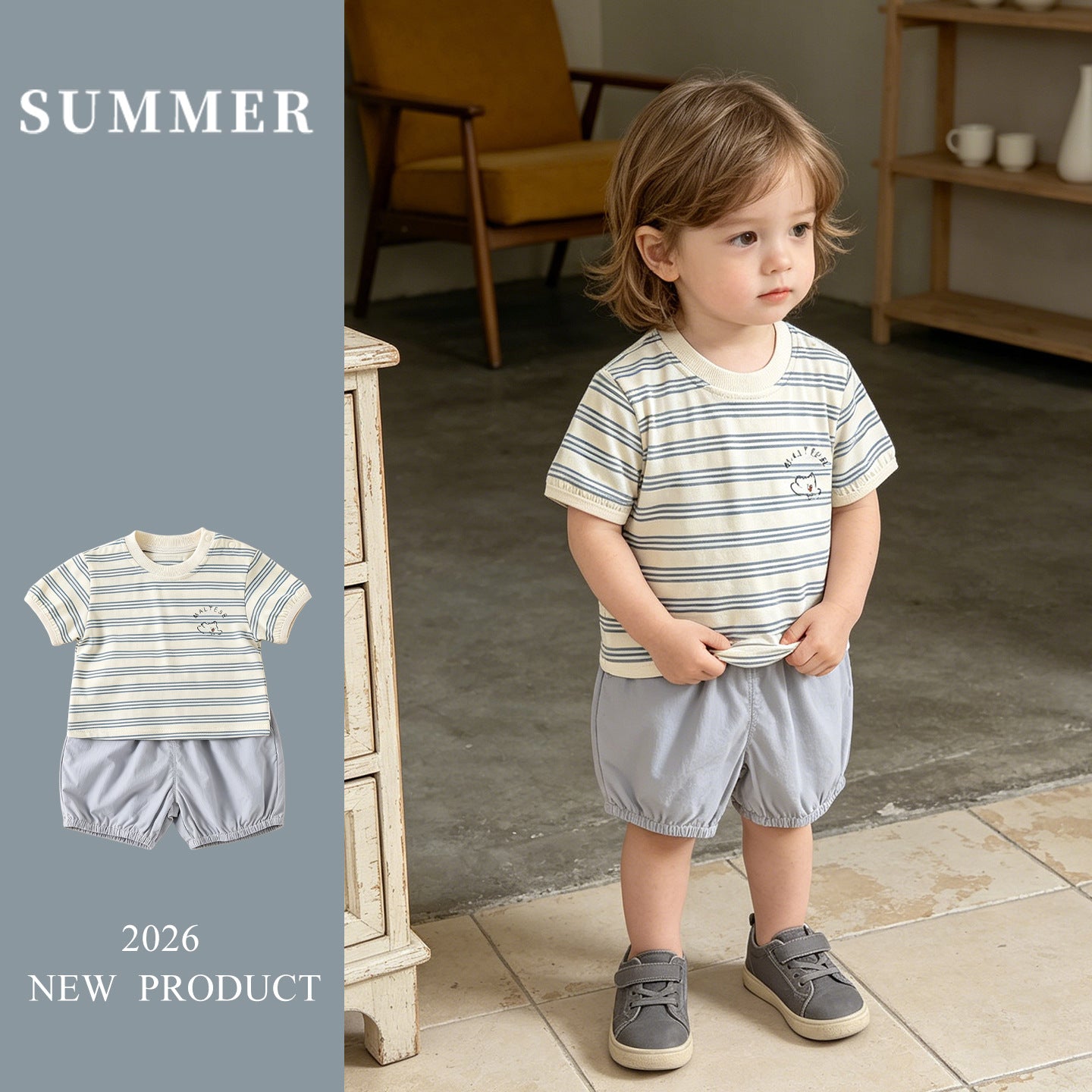Cute Stripe Two-Piece Set for Boys, Short Sleeve Outfit