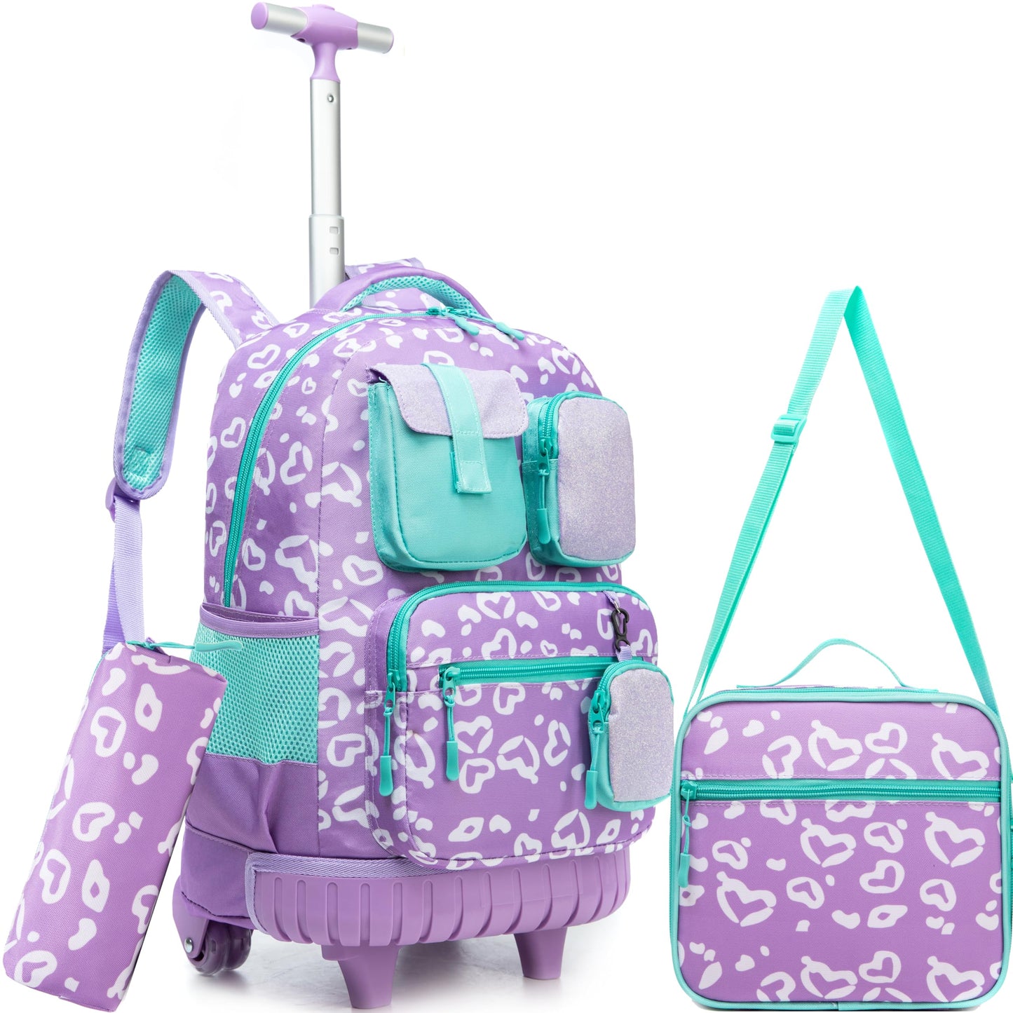 Meetbelify Rolling Backpack for Girls Carry on Luggage with Wheels Kids Suitcases for Girls Ages 8-10 with Lunch Box for Elementary School 18inch 3 in 1 Rolling Backpack Back to School Supplies