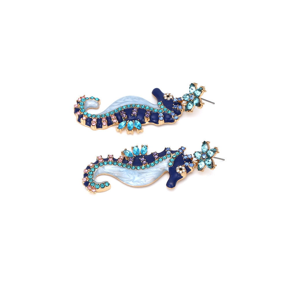 European and American personality, diamond studded oil dripping seahorse earrings, retro animal earrings, cute female earrings accessories