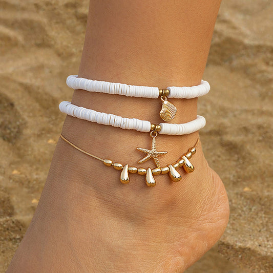 Holiday starfish soft ceramic ankle chain set, beach multi-layer alloy copper chain ankle ring