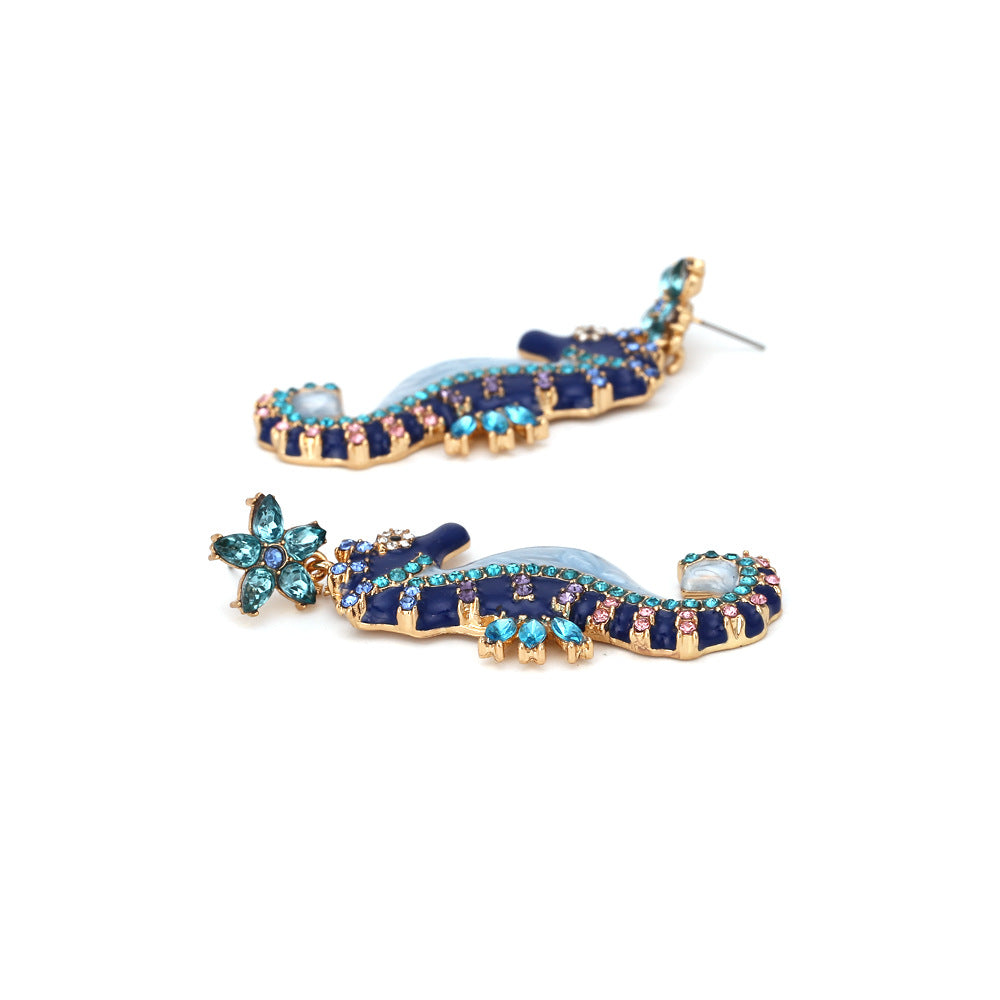 European and American personality, diamond studded oil dripping seahorse earrings, retro animal earrings, cute female earrings accessories