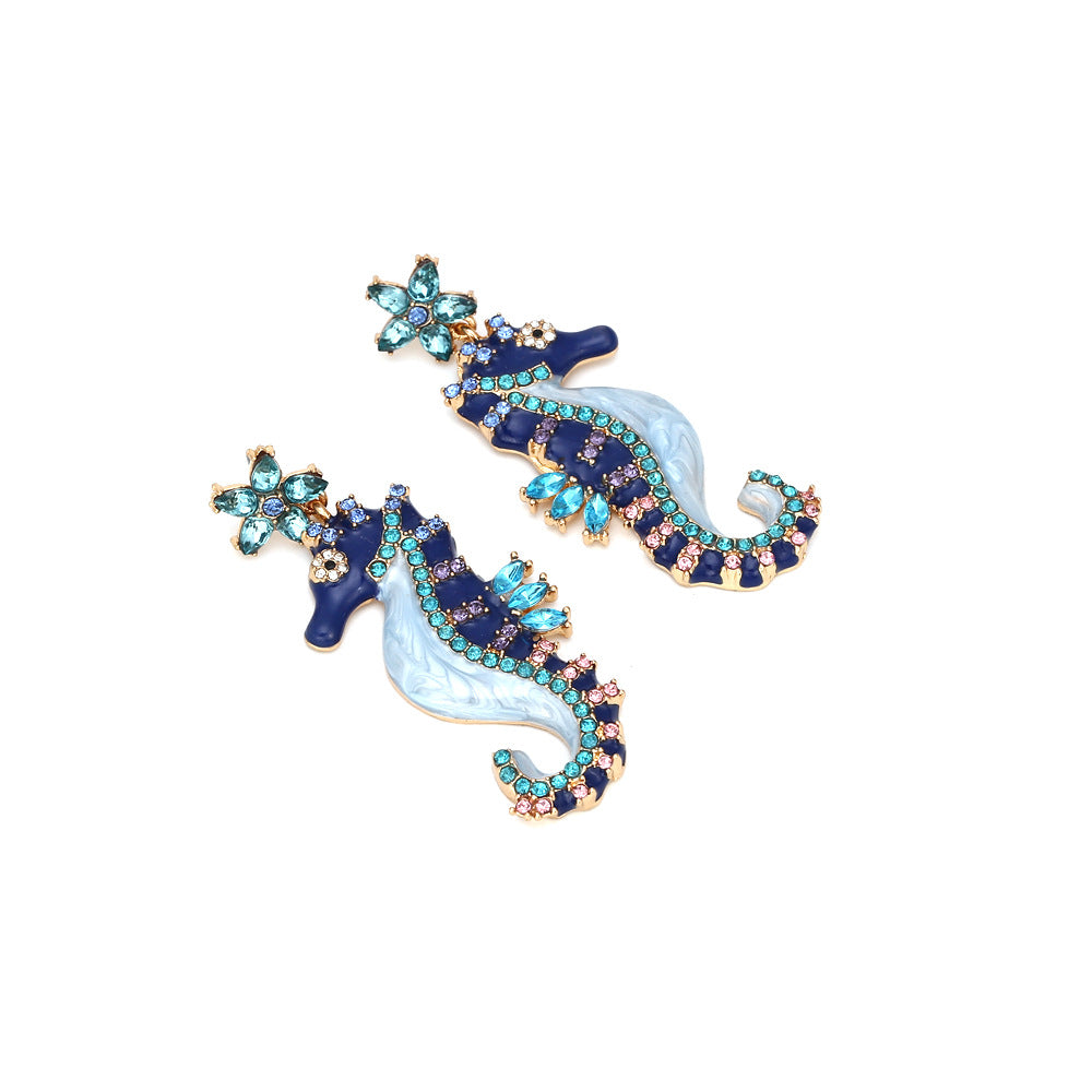 European and American personality, diamond studded oil dripping seahorse earrings, retro animal earrings, cute female earrings accessories