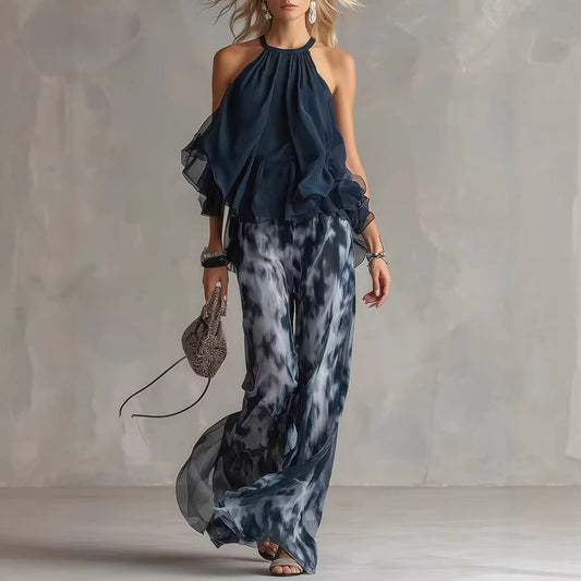 Sleeveless camisole collar top and printed wide leg pants chiffon set