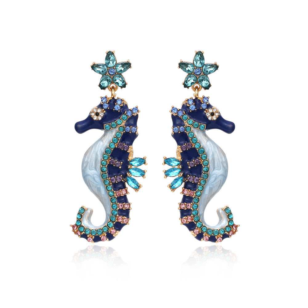European and American personality, diamond studded oil dripping seahorse earrings, retro animal earrings, cute female earrings accessories