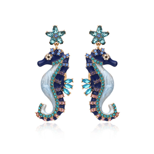 European and American personality, diamond studded oil dripping seahorse earrings, retro animal earrings, cute female earrings accessories