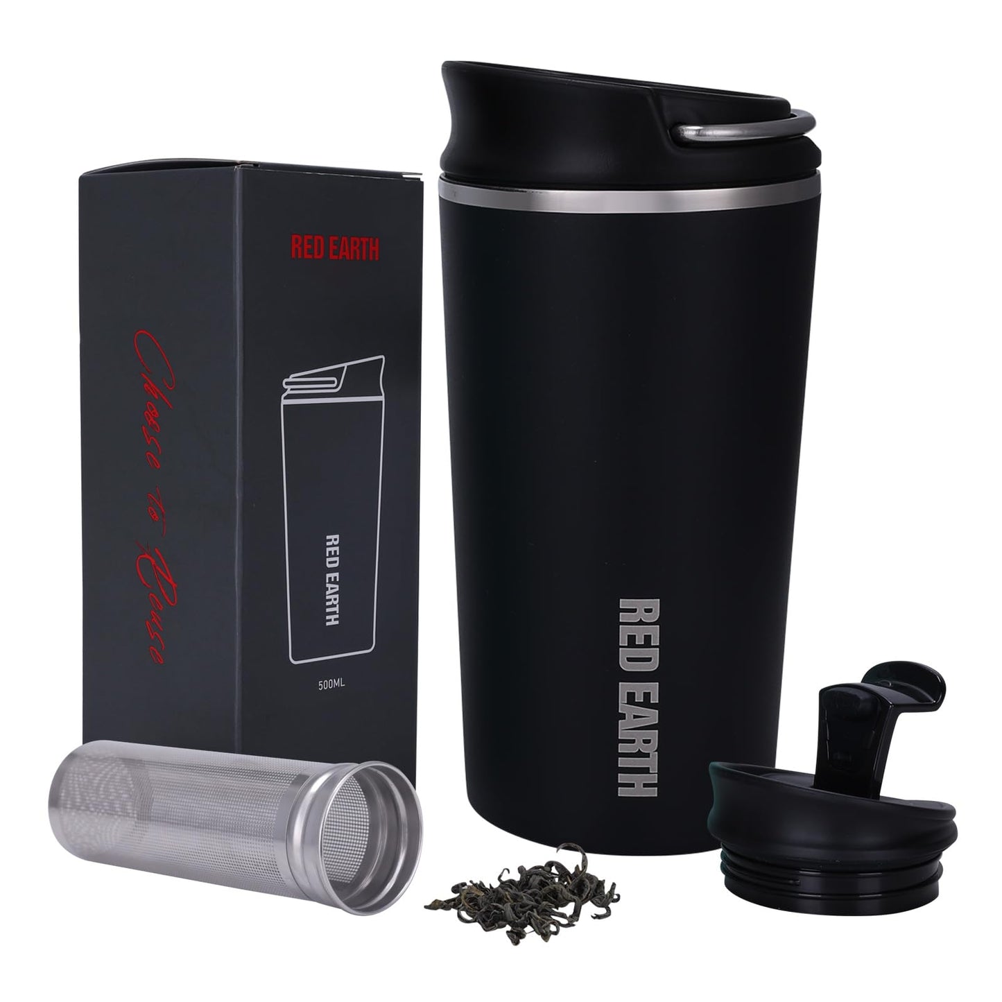 17oz Travel Tea Mug with Infuser and Two Lids. Vacuum Insulated 316 Stainless Steel Travel Coffee Mug. Dishwasher Safe Tea Cup with Tea Strainer for Hot and Cold Brew Coffee or Tea(Black)